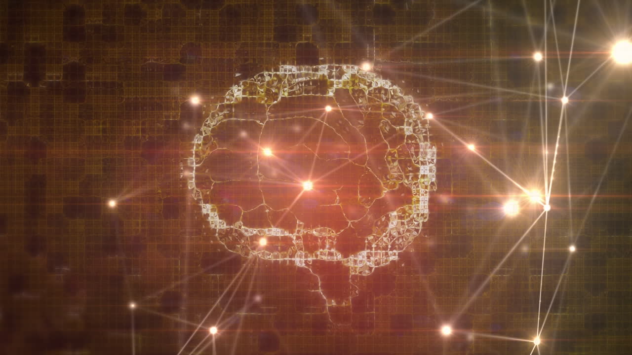 Animazione di una rete di connessioni e un cervello digitale su sfondo nero