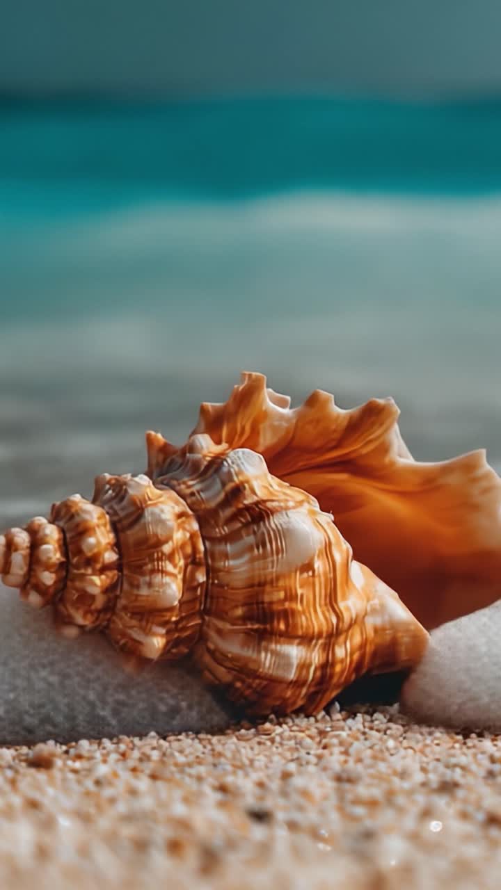A Majestic Seashell Captured on Shore, with Waves Crashing Nearby and a Beautiful Turquoise Background, Highlighting the Natural Beauty of Coastal Environments