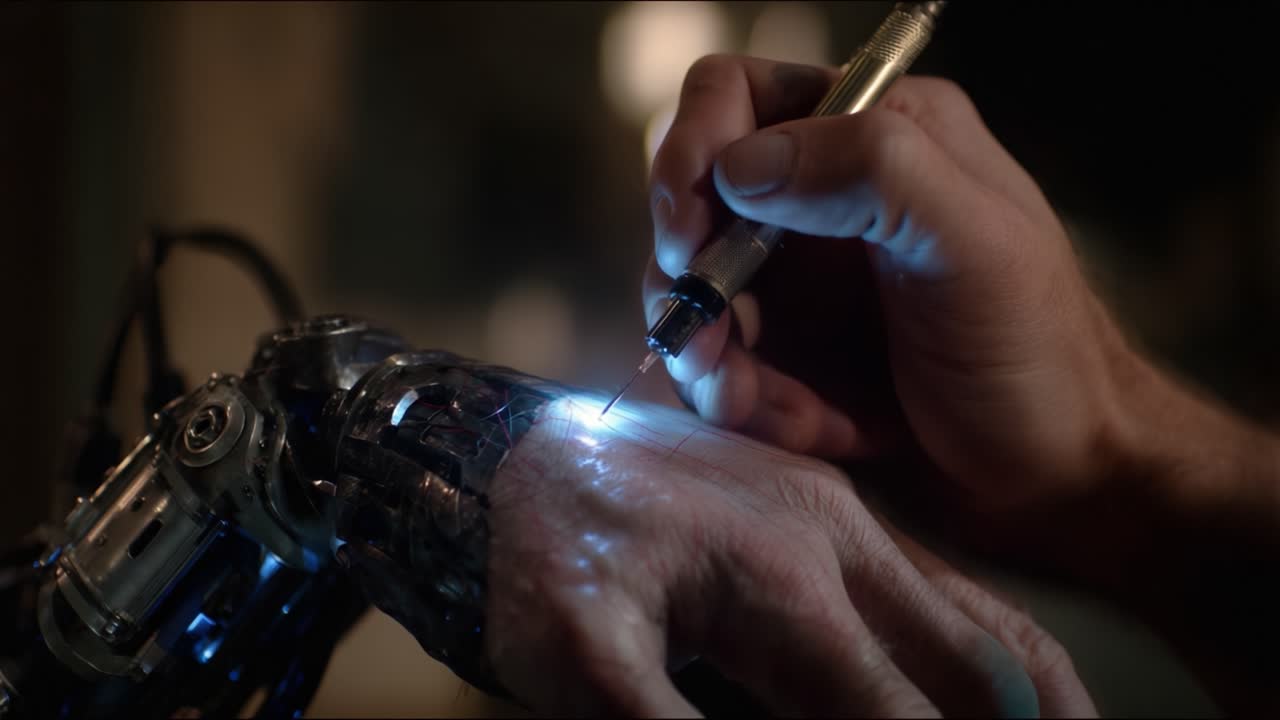 A skilled technician performs intricate work on a futuristic robotic arm, demonstrating precision and care as they use a specialized tool to apply a bright, focused light during the delicate repair process