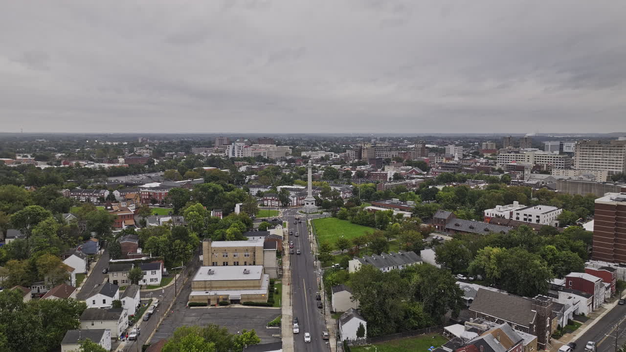 Trenton New Jersey Aerial v13 fly along Pennington Ave leading to Lincoln Hwy capturing Battle Monument, North 25 and downtown cityscape on a gloomy day - Shot with Mavic 3 Pro Cine - September 2023
