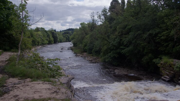 Lunga inquadratura che guarda giù le cascate inferiori di Aysgarth sul fiume Ure, Yorkshire Dales.