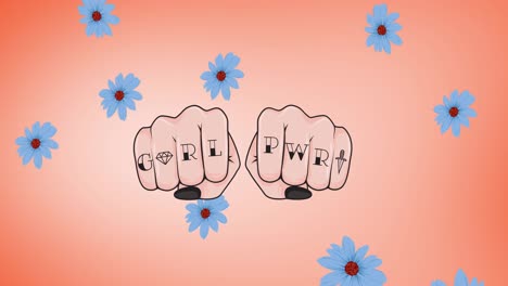 Animation-of-girl-power-on-female-fists-text,-over-falling-flowers