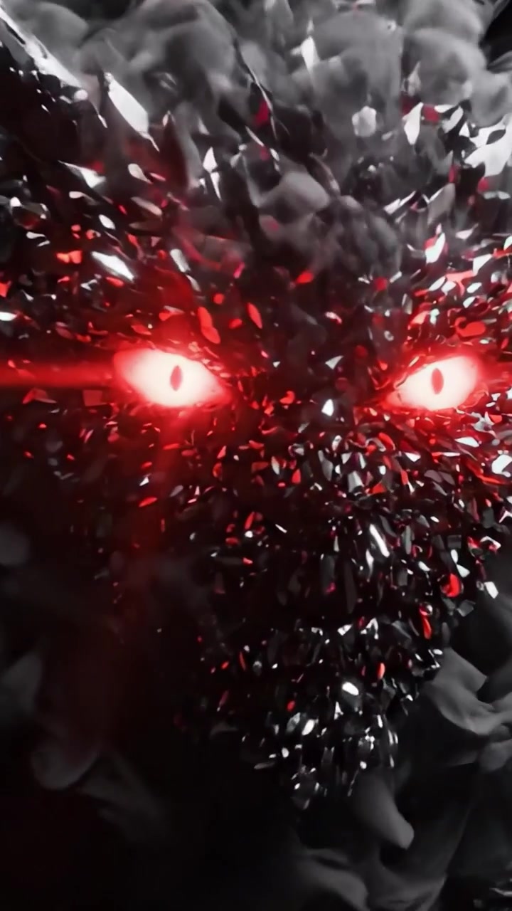 A Dark Entity Made of Shattered Crystals and Smoke, Emanating an Ominous Glow with Striking Red Eyes, Evoking a Sense of Mystery and Intrigue in a Surreal Environment