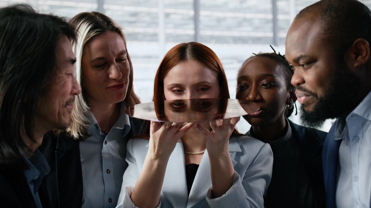 Diverse Team of Scientists Examining a Silicon Wafer