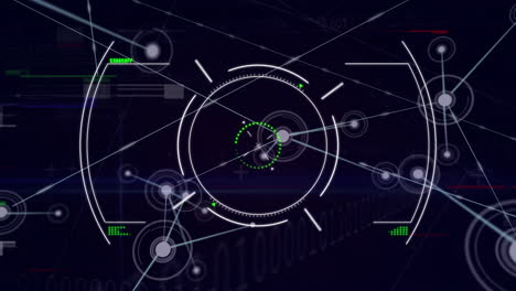 animation of network of connections with icons over scope scanning and data processing