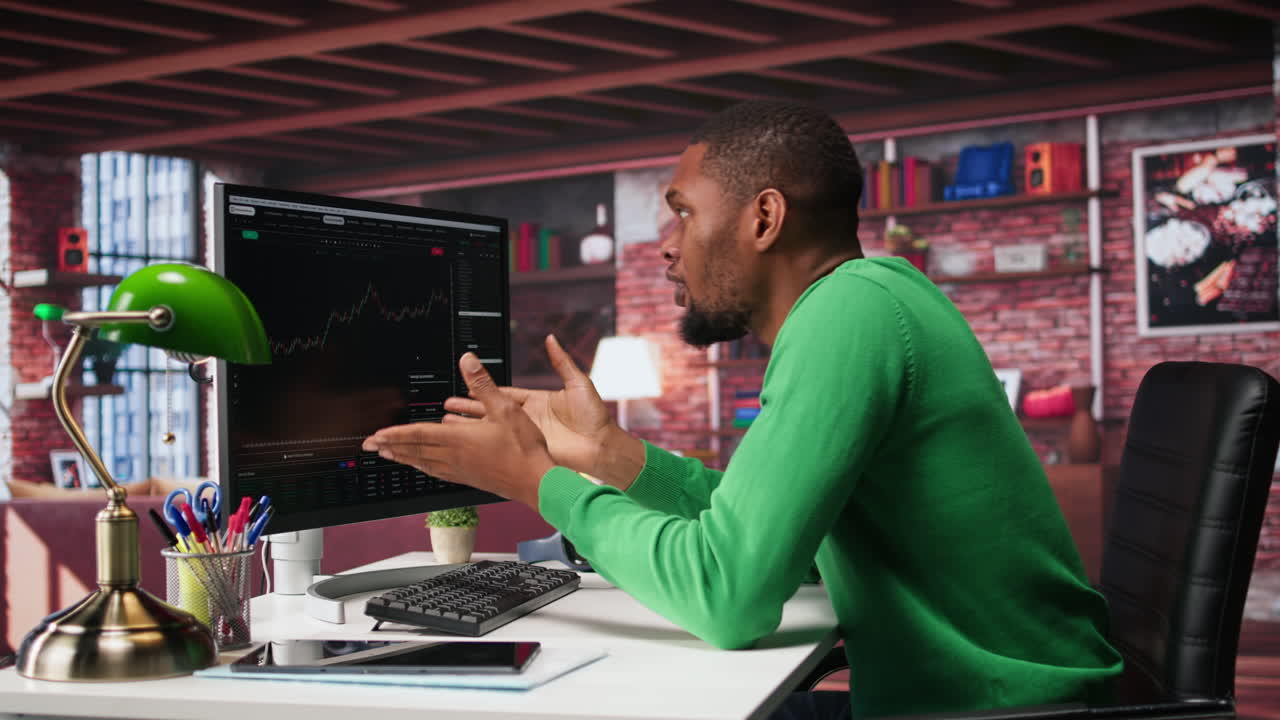 Vertical Video African american investor feels frustrated and sad after losing his stocks