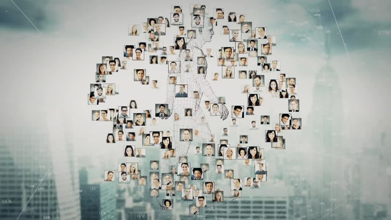 사람 아이콘과 디지털 인간이 도시 풍경 위에서 애니메이션