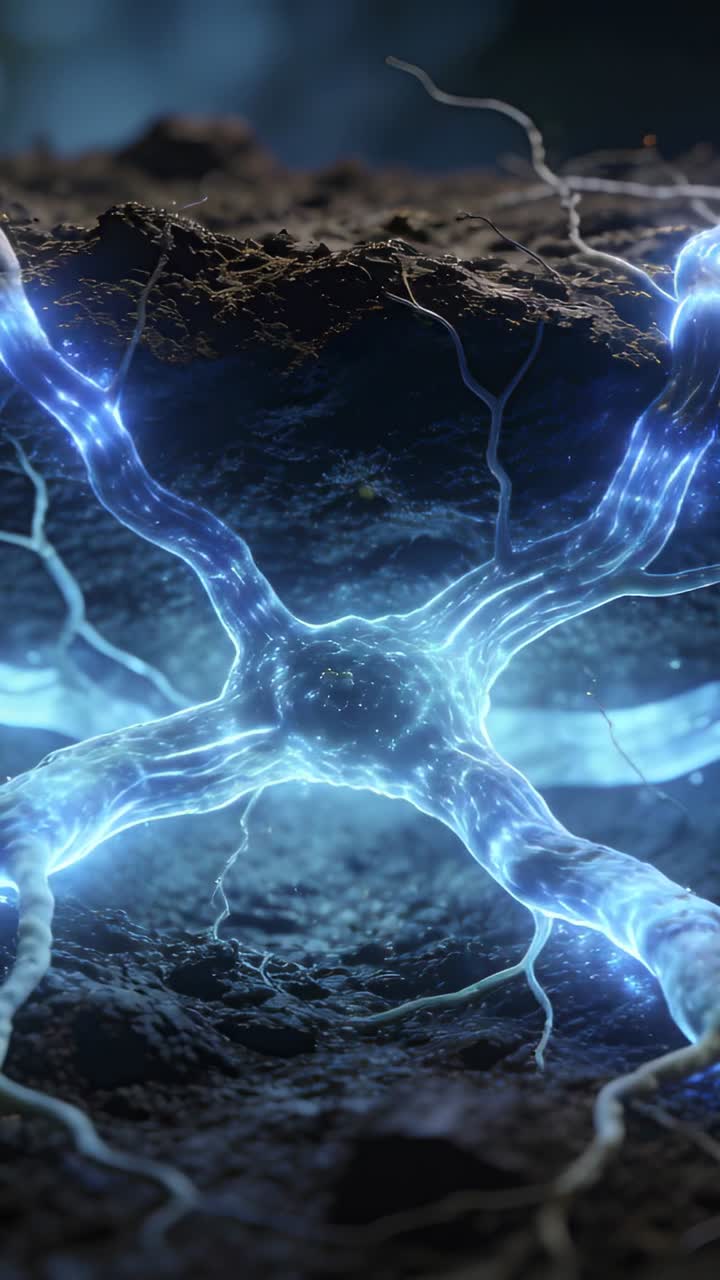 Verticaal filmpje: Pulserende lichtgevende cel stuurt blauwe gloed langs filamenten in de aarde, terwijl vonken vrijkomen.