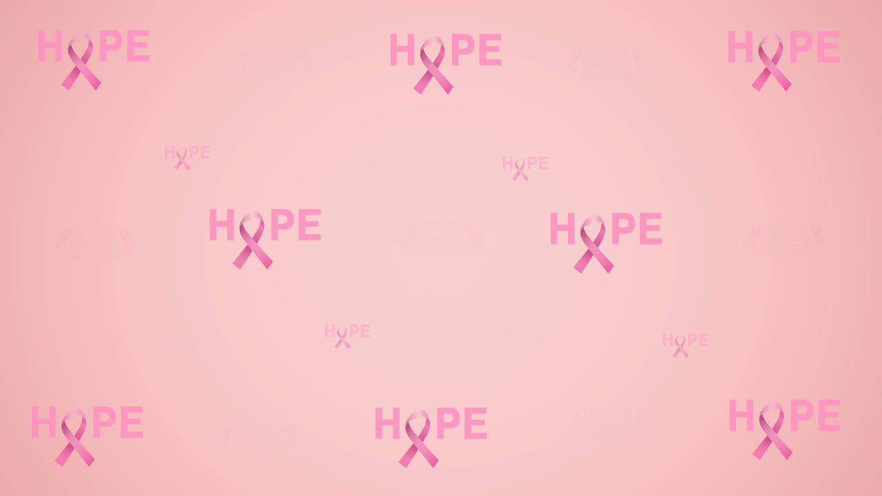 animación de logotipo de cinta rosa múltiple y texto de cáncer de mama que brilla sobre fondo rosa