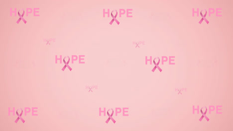 animation of multiple pink ribbon logo and breast cancer text glowing on pink background