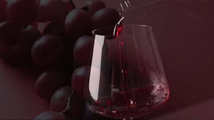 Composite of red wine being poured into glass over grapes on red background