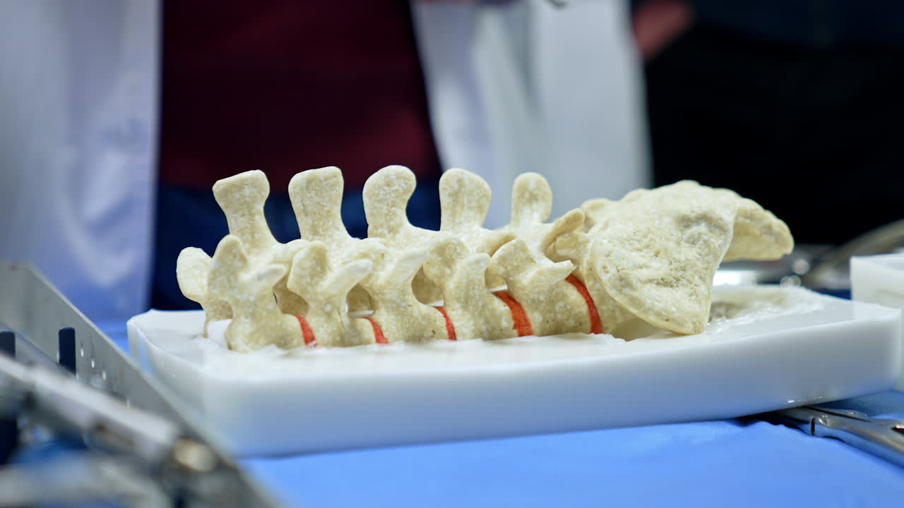 Blue pointer touches the dummy of human spine. Neurosurgery practice for students. Close up.