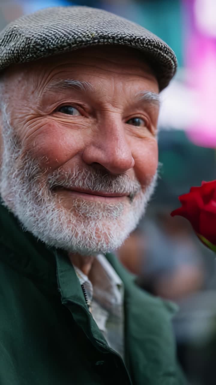 Un uomo anziano e allegro con un berretto sorride calorosamente alla fotocamera, tenendo in mano una rosa rossa, mostrando gioia e affetto nella sua espressione