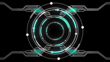 animación de escaneo de alcance y elementos de la placa de circuitos de computadora sobre un fondo negro