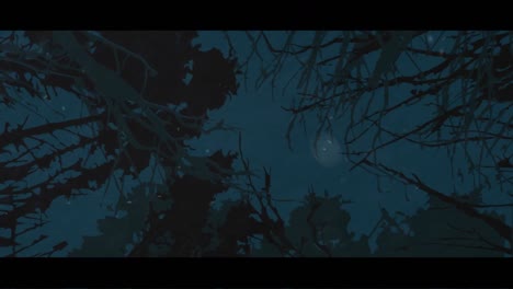 Digital-animation-of-white-particles-floating-and-lightning-thunder-against-creepy-trees