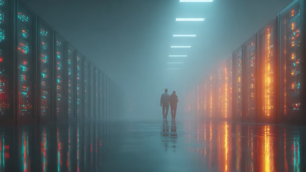 Mysterious Setting in a High-Tech Data Center: Two Figures Silhouetted Against the Glow of Server Racks in a Foggy Environment, Evoking a Sense of Intrigue and Discovery