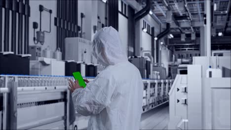 back view of asian male scientist use mock up green screen smartphone while standing in water factory, water bottles on production line