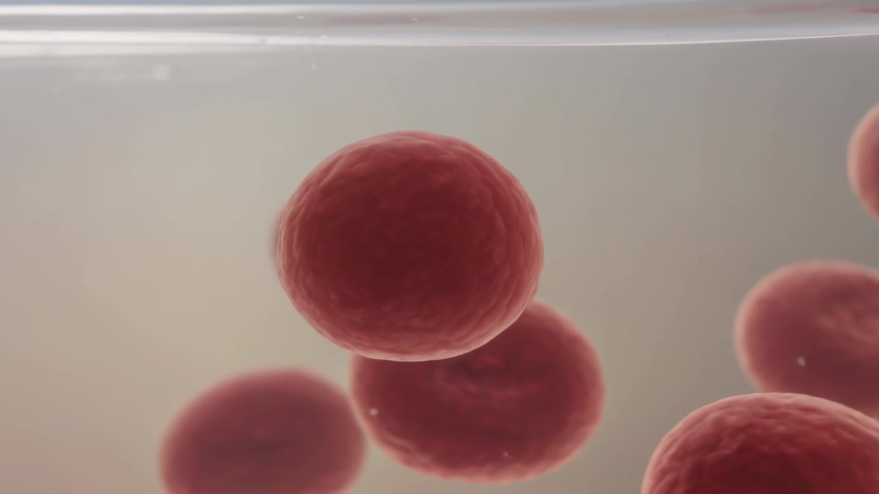 Drifting central red disc moving toward camera as frames progress inside clear chamber, showing rim