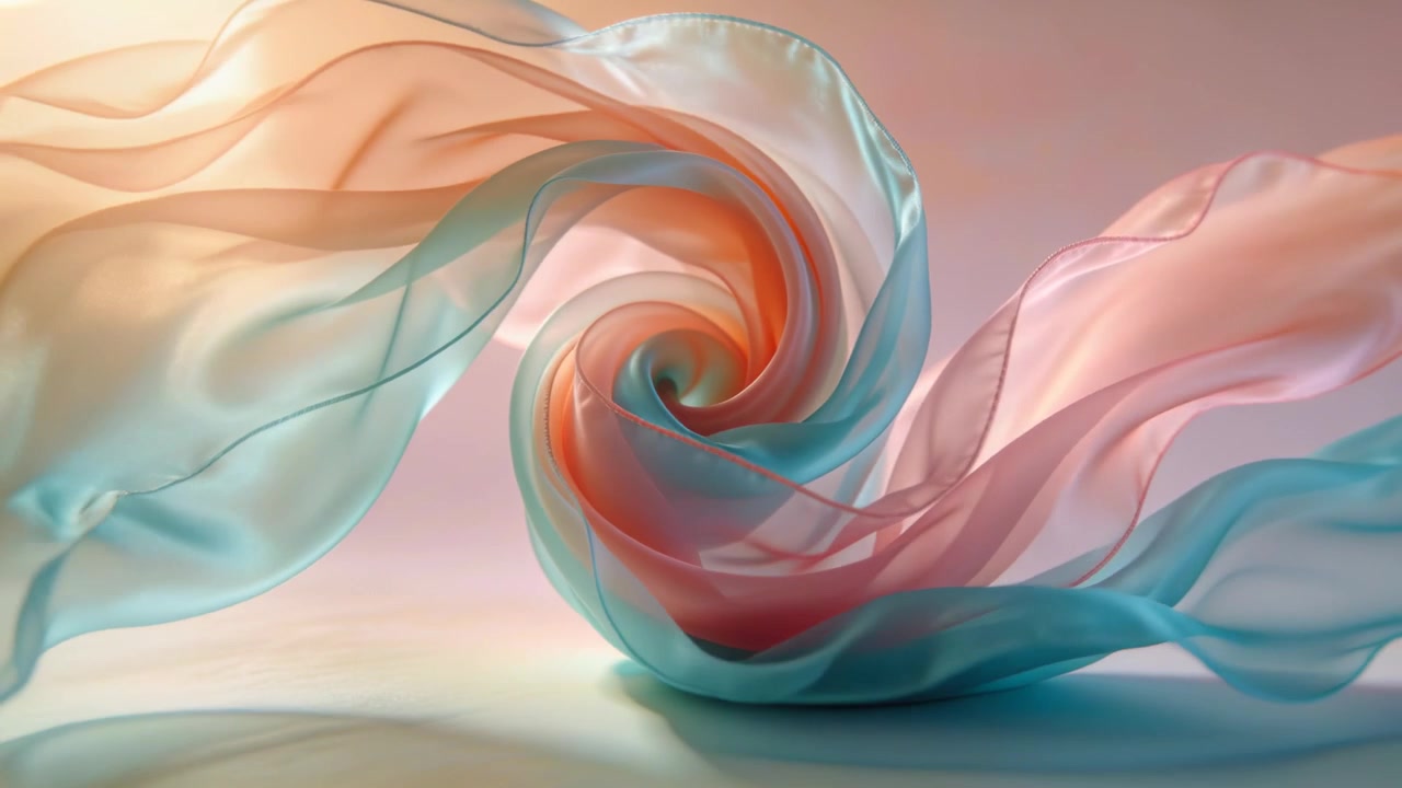 Scultura di seta vorticante che ruota da un vortice stretto e si dispiega su un tavolo con un nastro color corallo verde acqua.