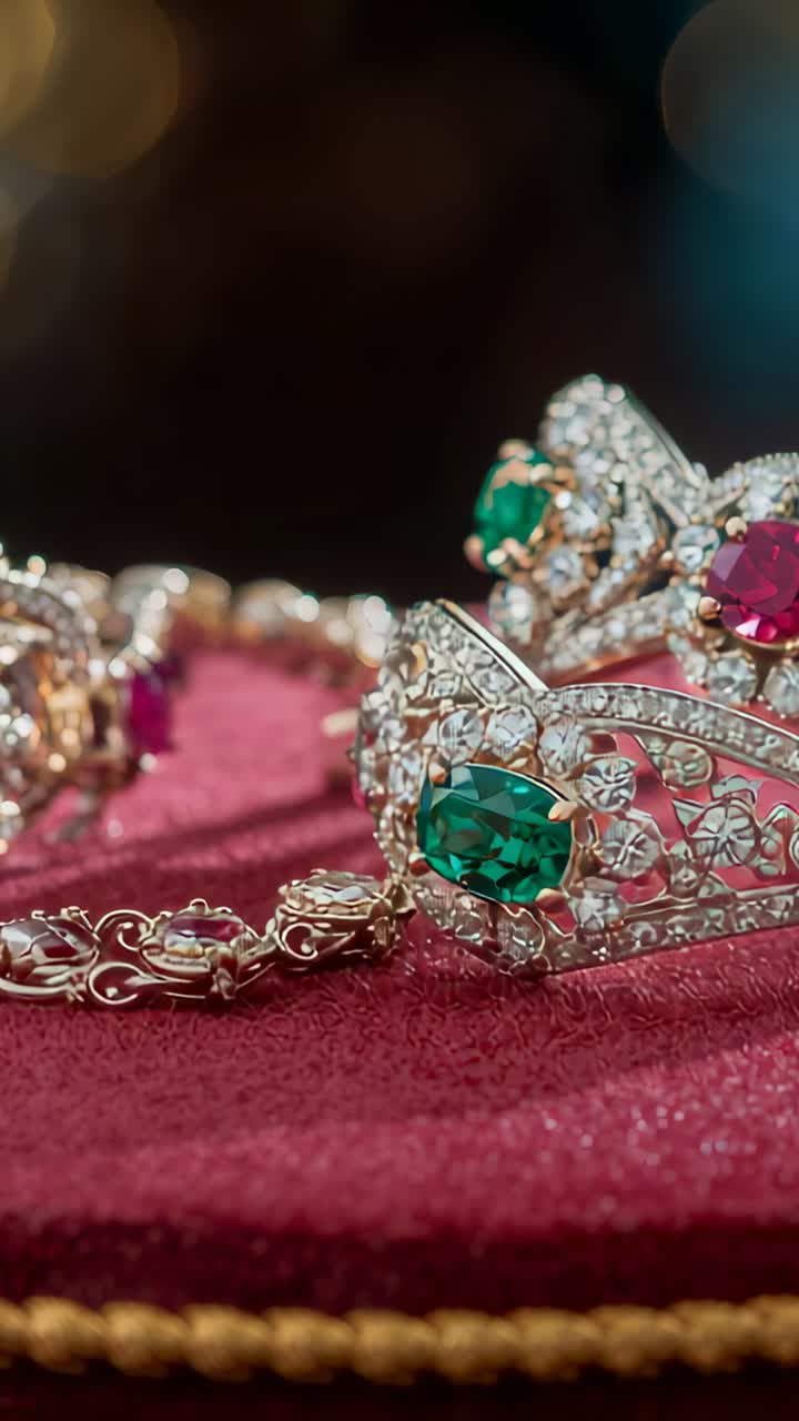 Vertical video: Panning lens right, pulling focus to green gems on red velvet to showcase gold