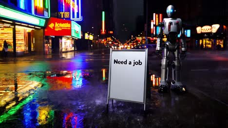 robot needs a job in a rainy city at night