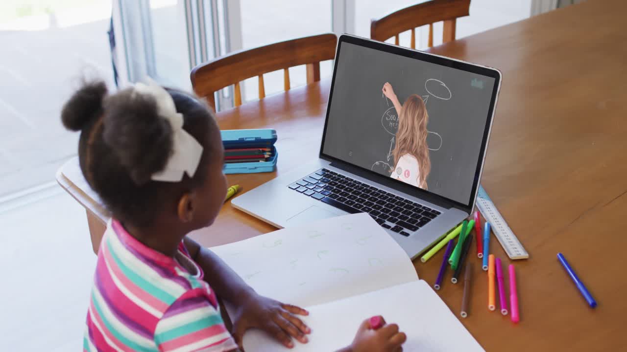 African american girl doing homework while having a video call with female teacher on laptop at home