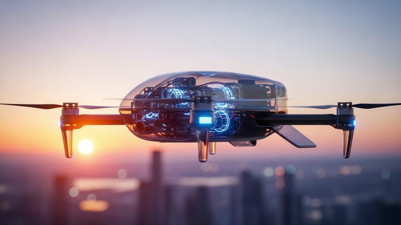Futuristic Drone Innovates Aerial Technology with Advanced Engineering and Sleek Design Gliding Against a Vibrant Sunset Skyline in an Urban Setting