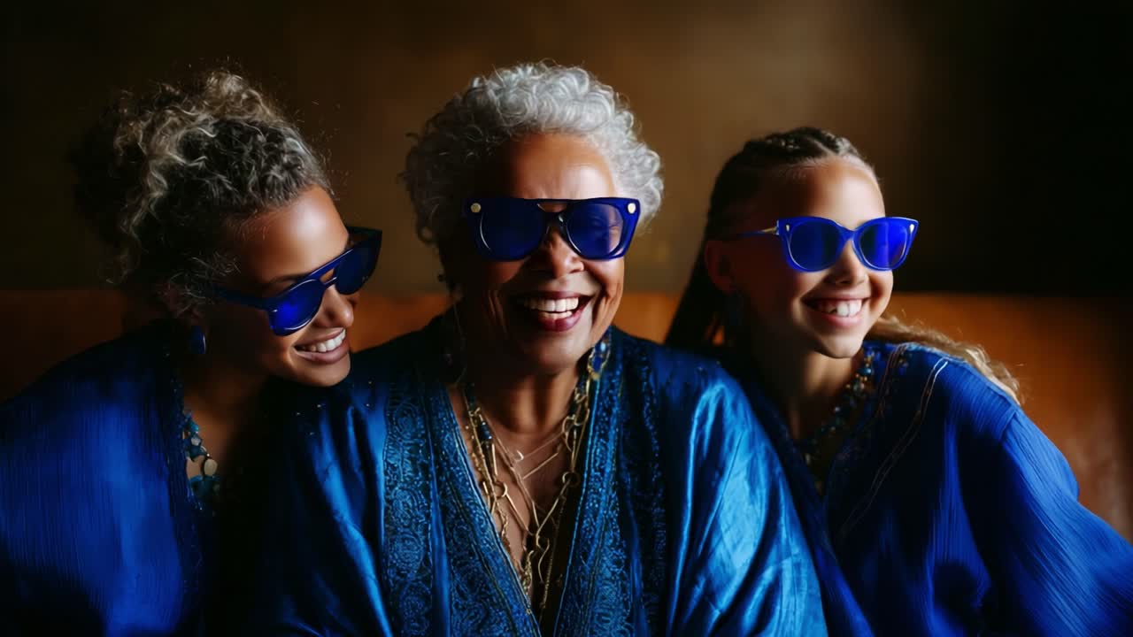 Tre generazioni di gioia: un ritratto commovente di legami familiari catturato in uno splendido abbigliamento blu ed eleganti occhiali da sole, che celebra l'eredità e l'amore