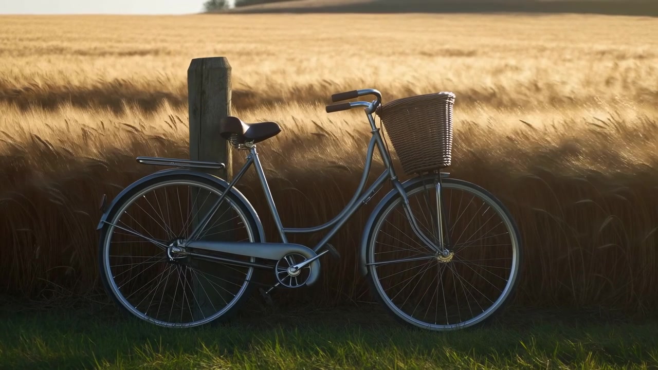 A vintage bicycle stands beside a wooden post in the foreground of a golden rural field, with tall ripe grain and warm low-angle sunlight creating a calm