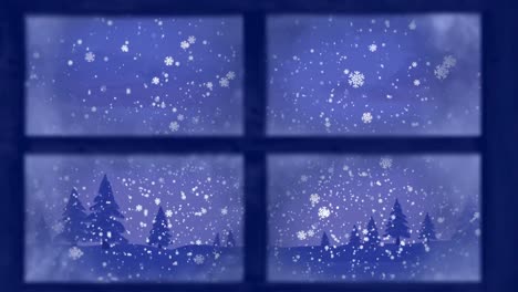 Animation-of-window-with-white-christmas-snowflakes-falling-over-blue-winter-landscape-outside