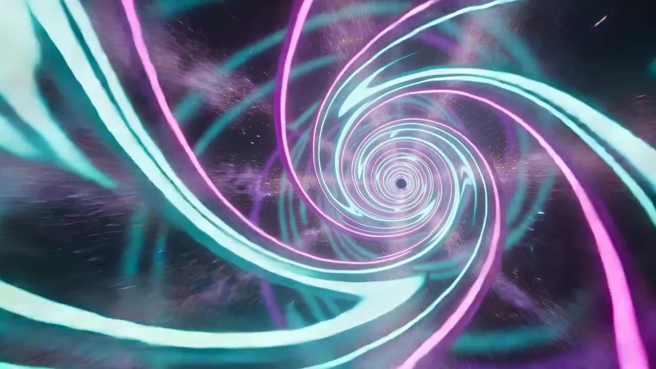 Animation starting neon ribbon vortex pulling viewer inward through space toward dark aperture