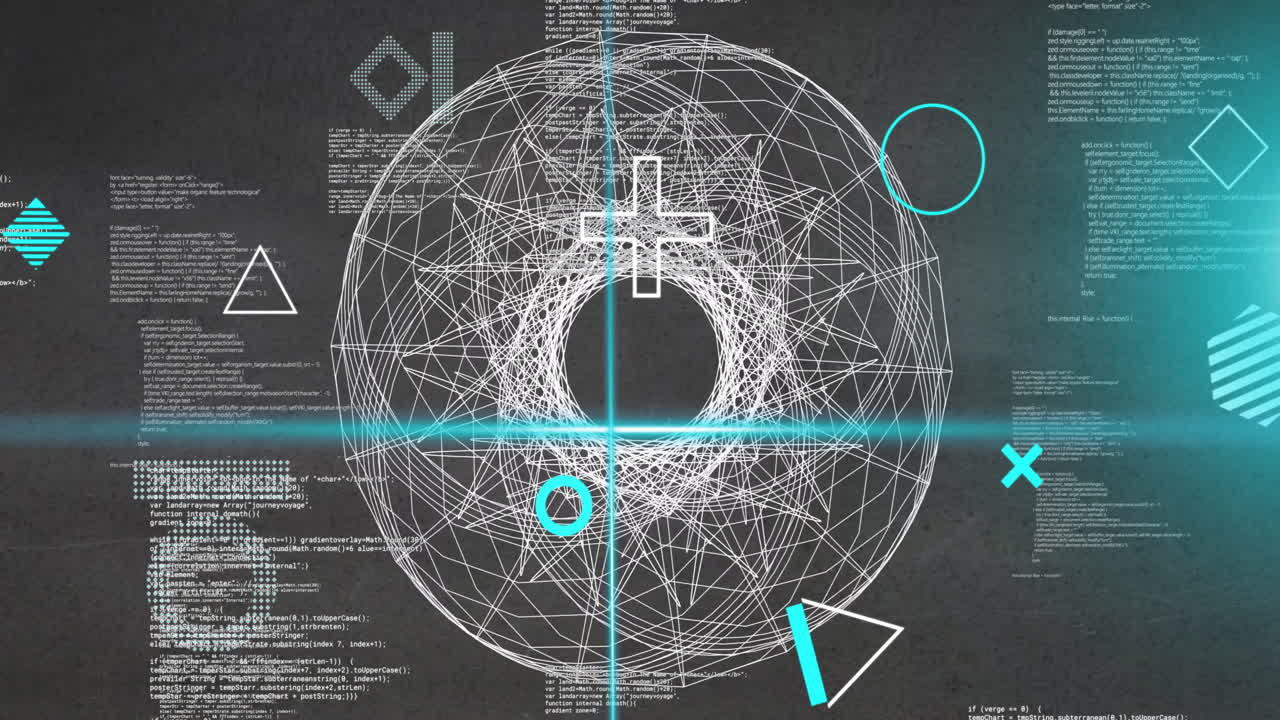 Animation of rotating shapes and blue scanner beams over 3d network and data processing on grey