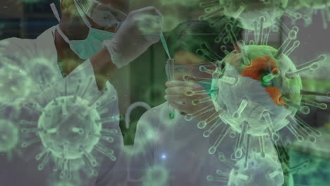 animación del virus de la corona verde con científicos en el fondo