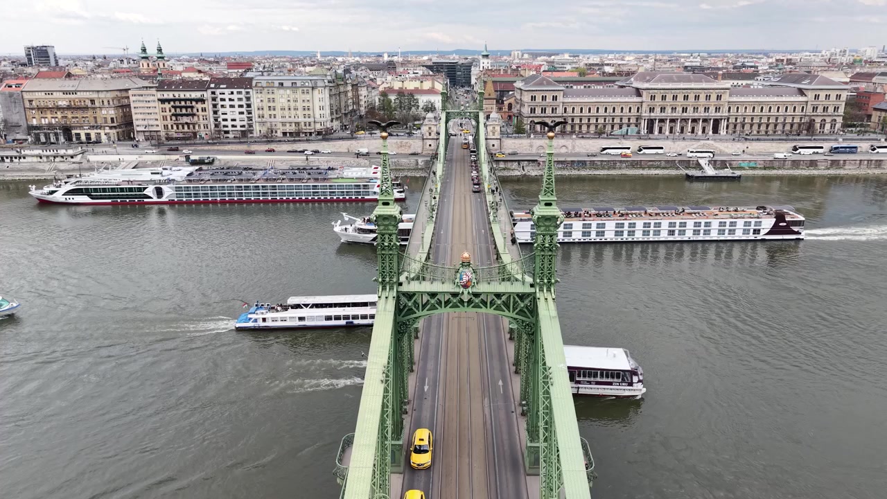 Riprese cinematografiche con drone dell'iconico Ponte della Libertà di Budapest