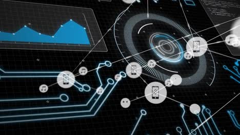 animation of network of connections with icons over data processing