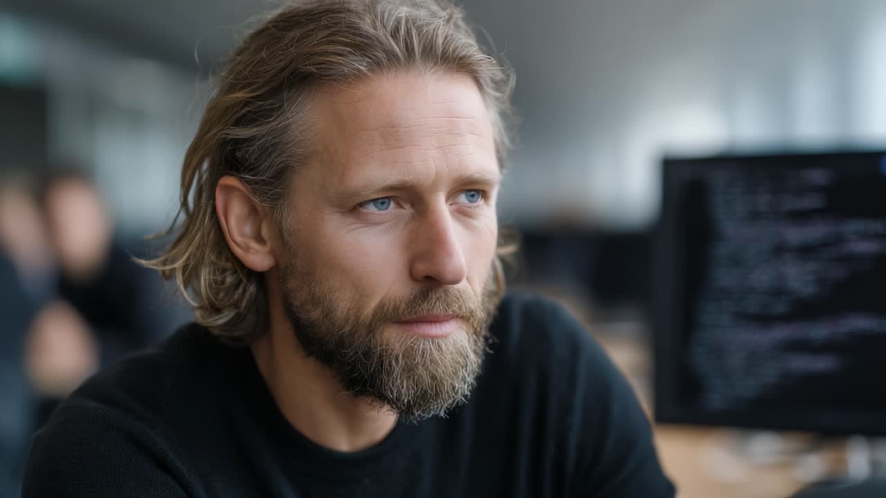 Nachdenkliche Person im modernen Workspace: Innere Reflexionen und konzentrierte Gesichtsausdrücke in einem stilvollen, modernen Büroumfeld einfangen