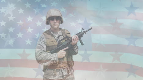 animation of male soldier holding machine gun moving over american flag