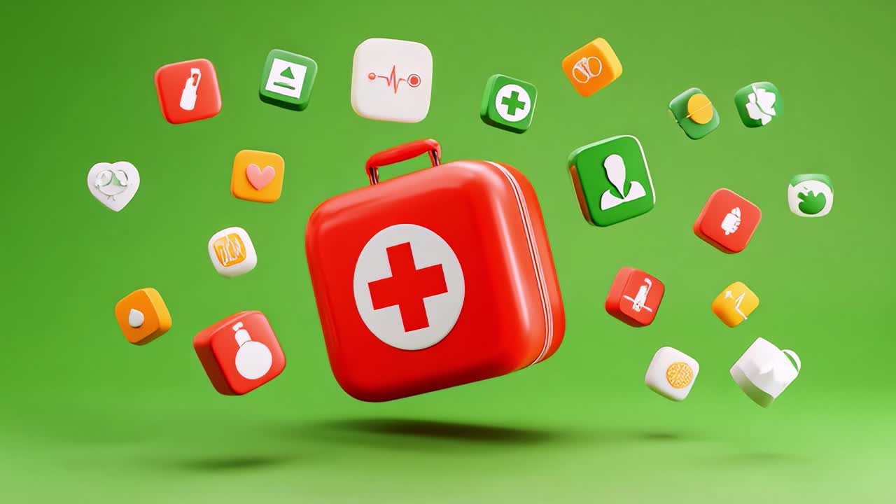 A dynamic composition featuring a red first aid kit surrounded by various health-related icons, illustrating the importance of safety, wellness, and emergency preparedness in vibrant colors