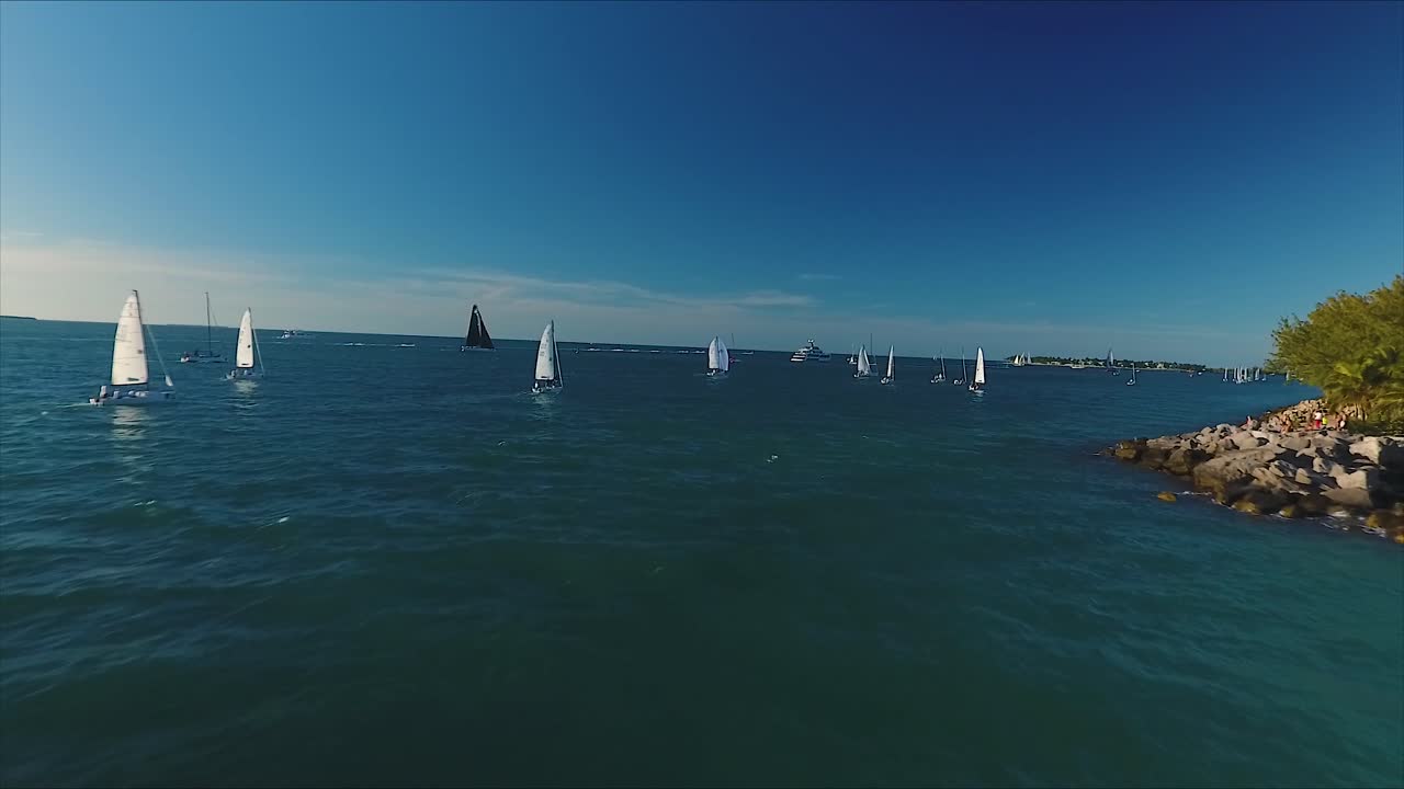 carrera de veleros mientras la cámara se aleja sobre la costa de cayo hueso, florida, en nítido 4k