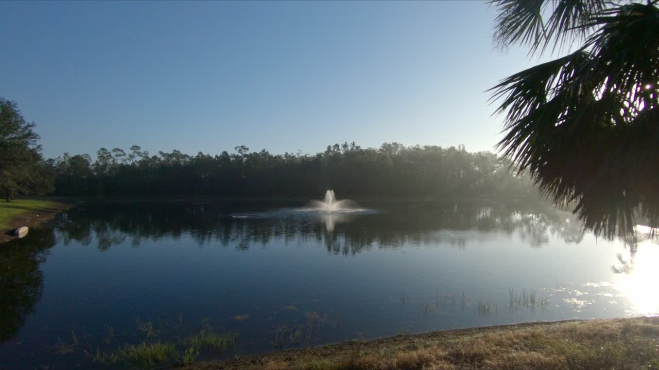 Video moves backwards from a water feature in a Florida gated community through some trees and over a footpath in a bright sunny day.
