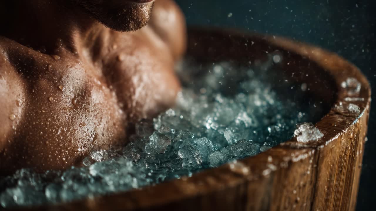 A Close-Up View of a Muscular Individual Relaxing in a Wooden Tub Filled with Ice and Water, Showcasing the Intricacies of Cold Therapy and Its Effects on the Body