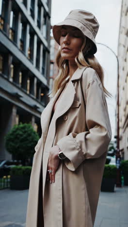 stylish woman in trench coat and bucket hat in urban setting