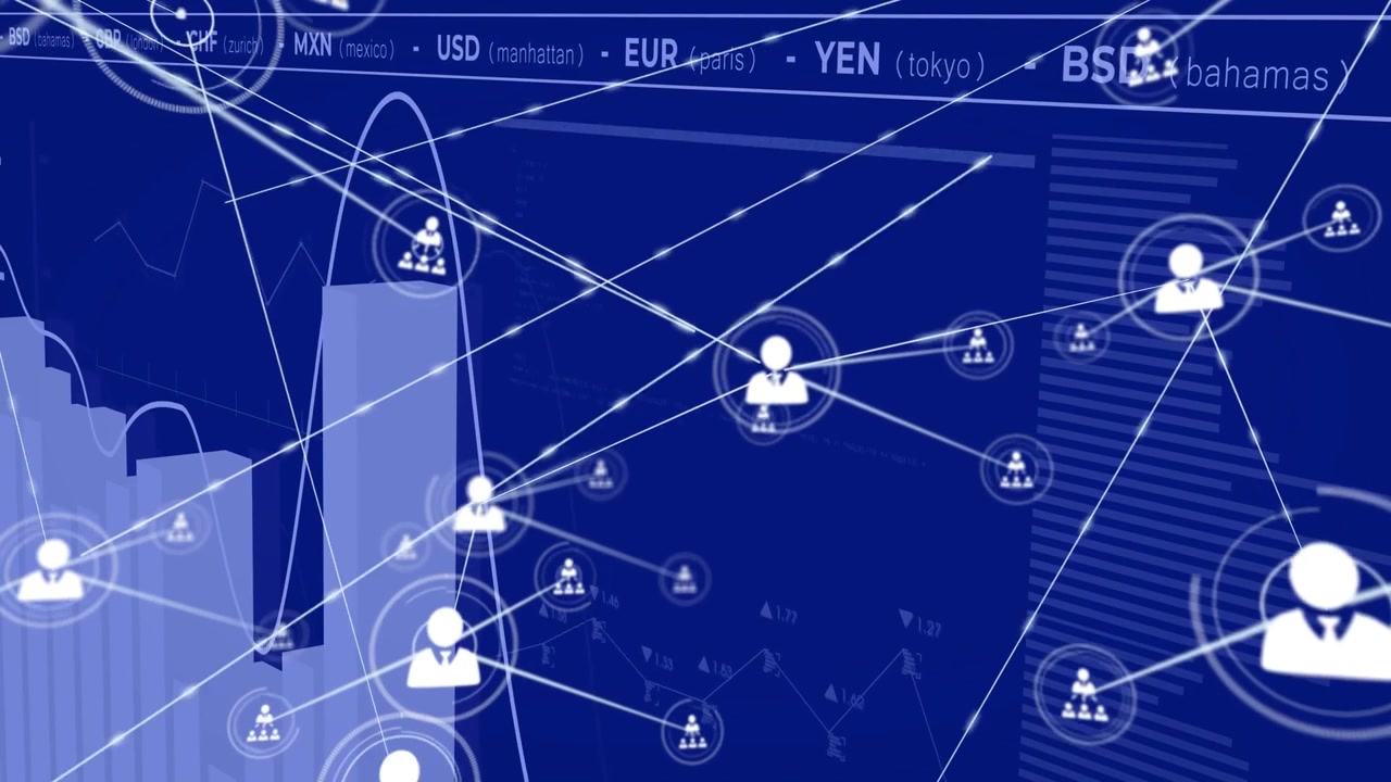 Central user node pulsing and extending spokes during dashboard load, finance graphs forming