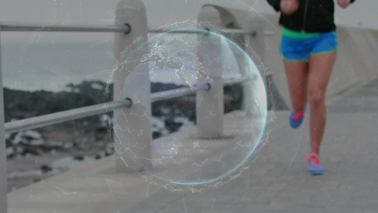 Runner slowing bending and tying pink laces for fitness while numeric overlay expanding over path