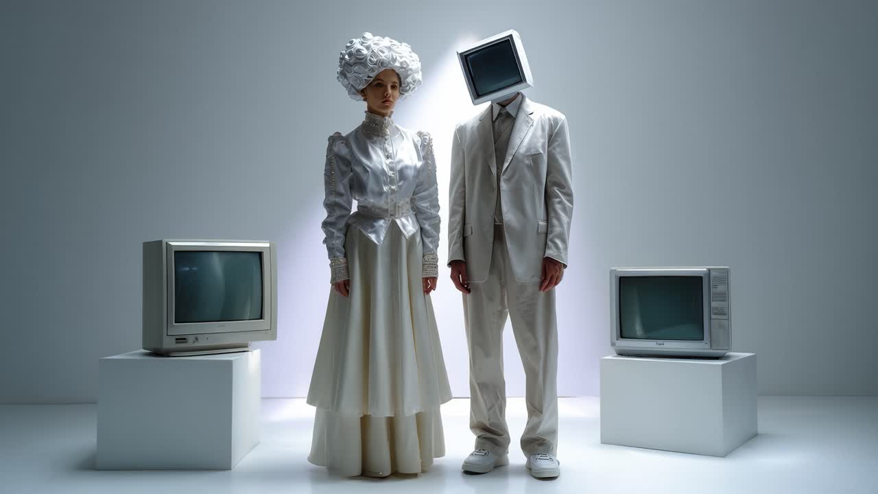 Ritratto di moda surreale con una donna con un'acconciatura elaborata e una figura con un monitor di computer al posto della testa in un ambiente da studio minimalista.