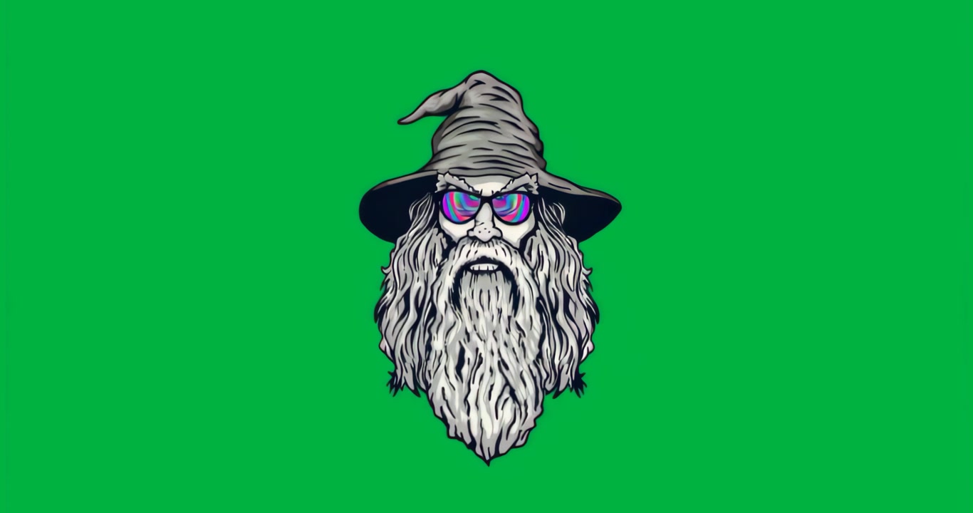 As wizard head appearing clear glitch shifting lenses cycling hues glow pulsing showing glitch art