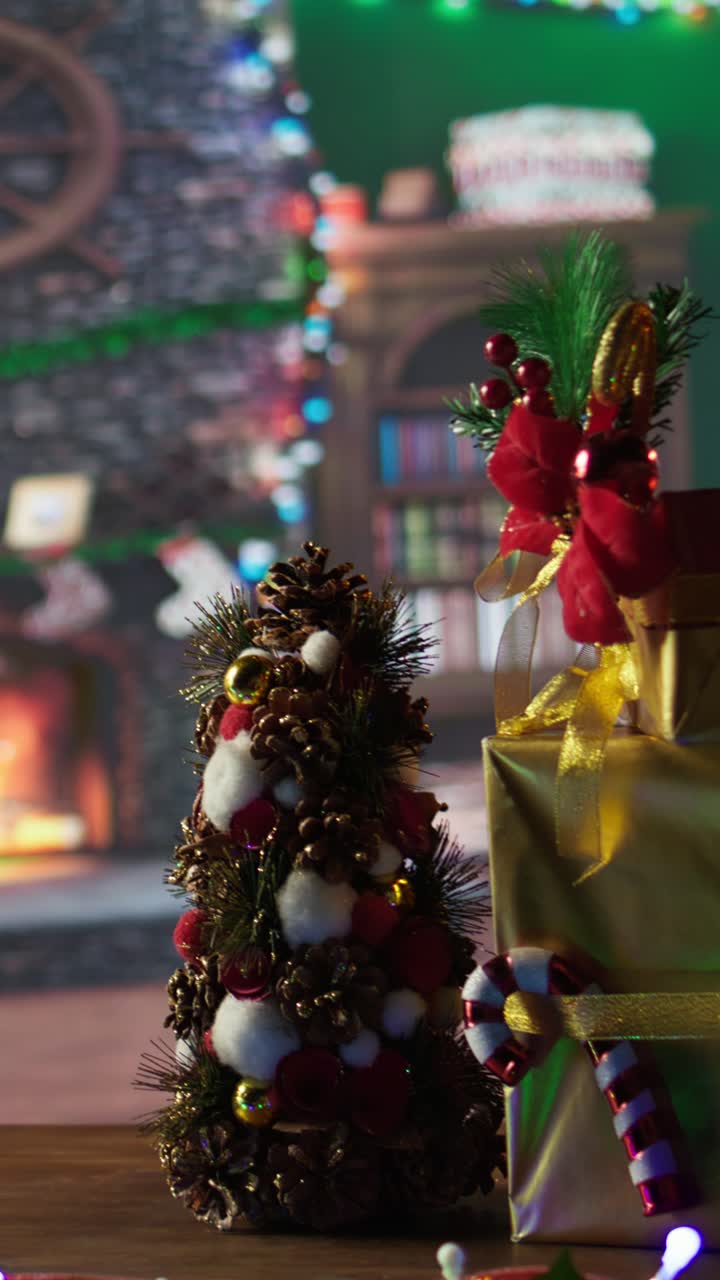 Árbol de Navidad con piñas y regalos dorados con luces navideñas