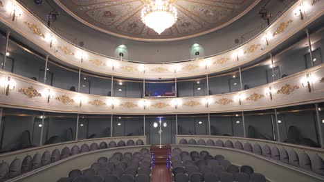 Tilt-up-steady-shot-from-stage-in-old-theatre-Carlos-III-in-San-Lorenzo-de-El-Escorial,-Madrid,-Spain