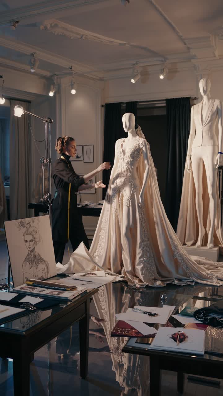 A designer works on an elegant gown in a fashion studio. The video captures a side angle