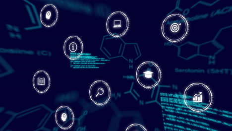 animación de fórmulas químicas y procesamiento de datos sobre íconos de medios